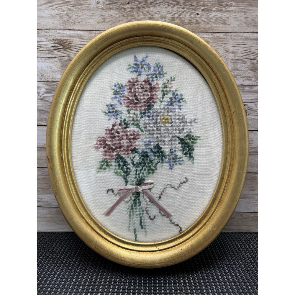 VTG Italian Gold Gilt Oval Frame Cross Stitch Floral Rose Bouquet Made In Italy